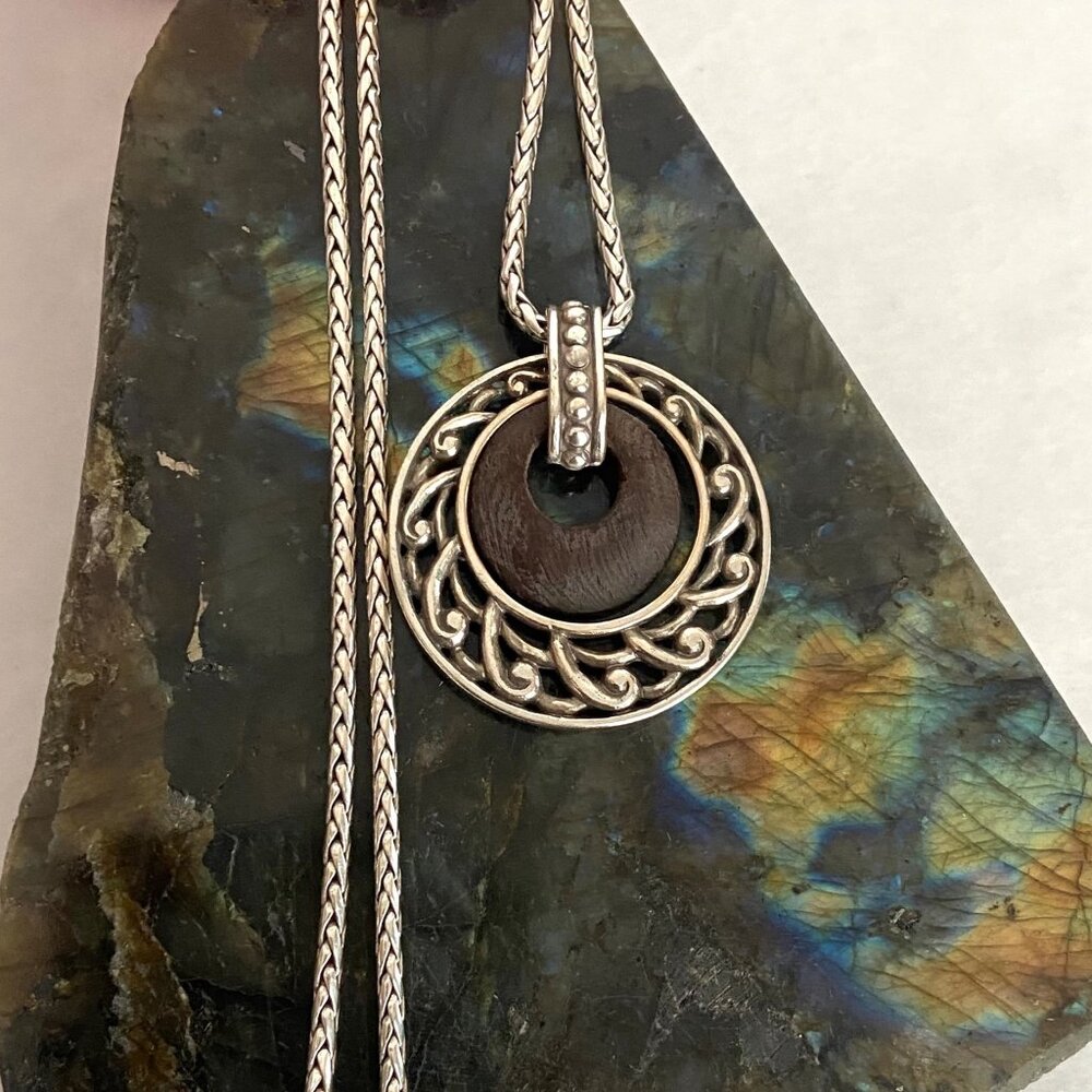 Brighton Katu Collection Silver Plated Round Wood Pendant Necklace 16" - 18"